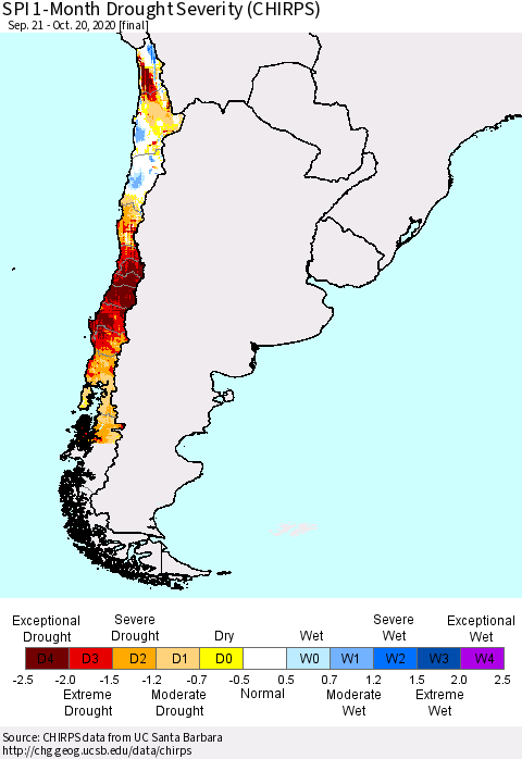 Chile SPI 1-Month Drought Severity (CHIRPS) Thematic Map For 9/21/2020 - 10/20/2020