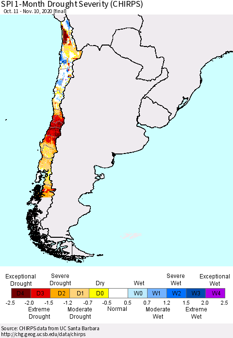 Chile SPI 1-Month Drought Severity (CHIRPS) Thematic Map For 10/11/2020 - 11/10/2020