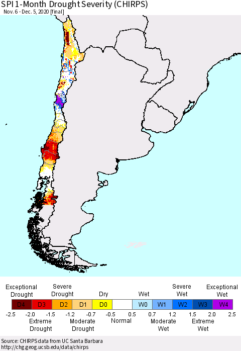 Chile SPI 1-Month Drought Severity (CHIRPS) Thematic Map For 11/6/2020 - 12/5/2020