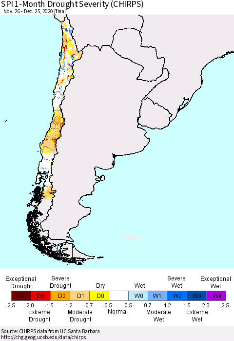 Chile SPI 1-Month Drought Severity (CHIRPS) Thematic Map For 11/26/2020 - 12/25/2020