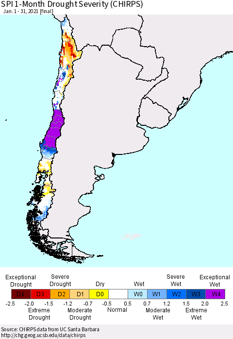 Chile SPI 1-Month Drought Severity (CHIRPS) Thematic Map For 1/1/2021 - 1/31/2021