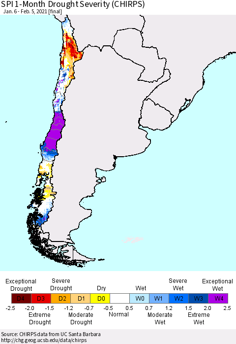 Chile SPI 1-Month Drought Severity (CHIRPS) Thematic Map For 1/6/2021 - 2/5/2021