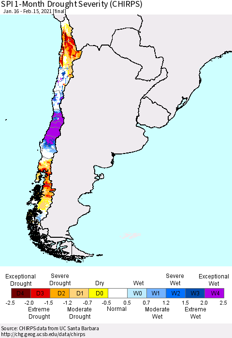 Chile SPI 1-Month Drought Severity (CHIRPS) Thematic Map For 1/16/2021 - 2/15/2021