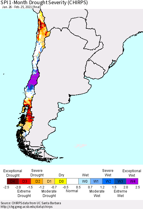 Chile SPI 1-Month Drought Severity (CHIRPS) Thematic Map For 1/26/2021 - 2/25/2021