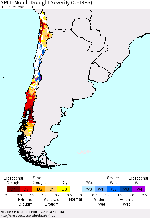 Chile SPI 1-Month Drought Severity (CHIRPS) Thematic Map For 2/1/2021 - 2/28/2021