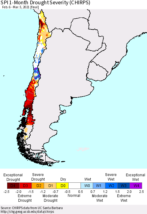 Chile SPI 1-Month Drought Severity (CHIRPS) Thematic Map For 2/6/2021 - 3/5/2021