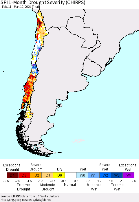 Chile SPI 1-Month Drought Severity (CHIRPS) Thematic Map For 2/11/2021 - 3/10/2021