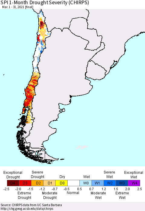 Chile SPI 1-Month Drought Severity (CHIRPS) Thematic Map For 3/1/2021 - 3/31/2021