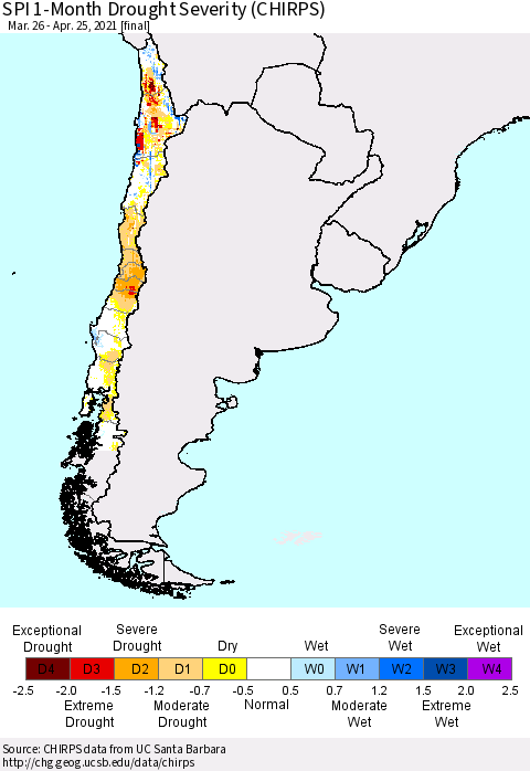 Chile SPI 1-Month Drought Severity (CHIRPS) Thematic Map For 3/26/2021 - 4/25/2021