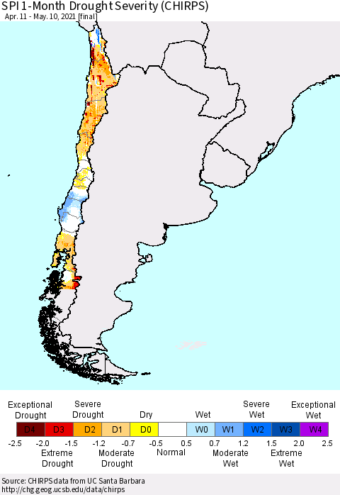 Chile SPI 1-Month Drought Severity (CHIRPS) Thematic Map For 4/11/2021 - 5/10/2021