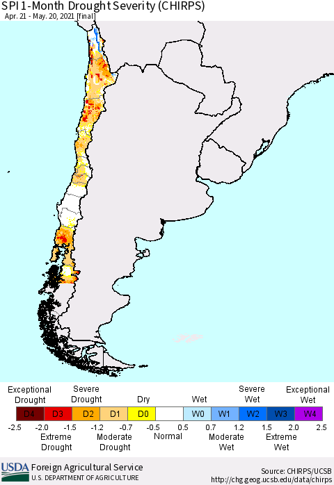 Chile SPI 1-Month Drought Severity (CHIRPS) Thematic Map For 4/21/2021 - 5/20/2021