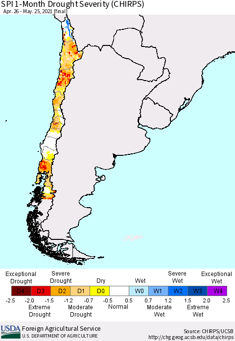 Chile SPI 1-Month Drought Severity (CHIRPS) Thematic Map For 4/26/2021 - 5/25/2021