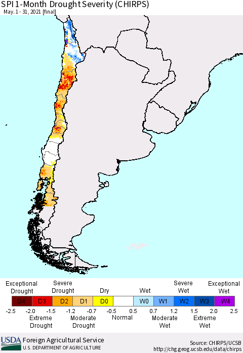 Chile SPI 1-Month Drought Severity (CHIRPS) Thematic Map For 5/1/2021 - 5/31/2021
