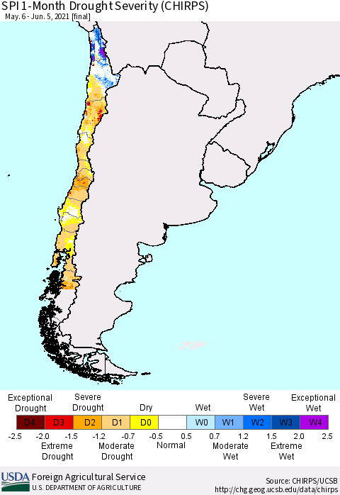 Chile SPI 1-Month Drought Severity (CHIRPS) Thematic Map For 5/6/2021 - 6/5/2021