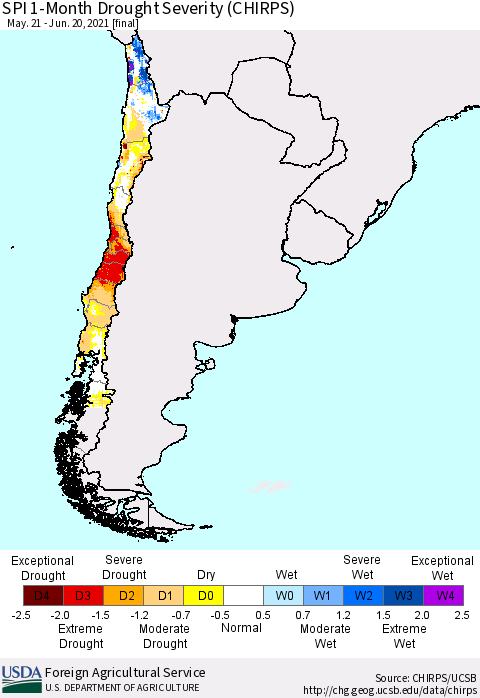 Chile SPI 1-Month Drought Severity (CHIRPS) Thematic Map For 5/21/2021 - 6/20/2021