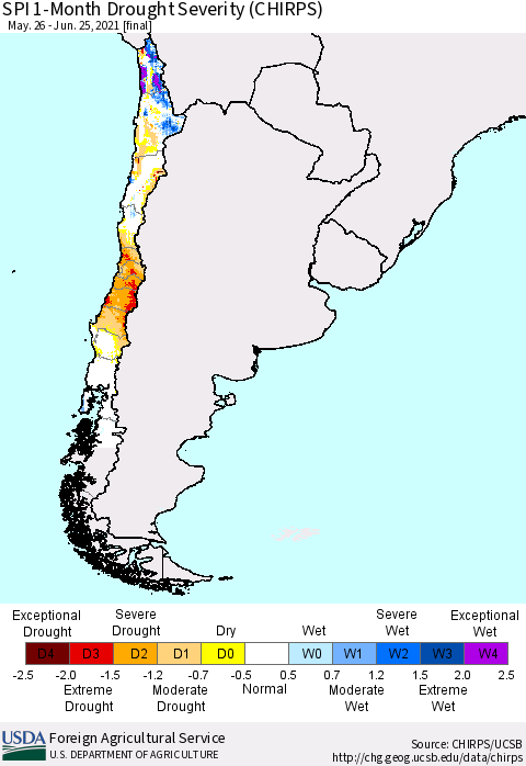 Chile SPI 1-Month Drought Severity (CHIRPS) Thematic Map For 5/26/2021 - 6/25/2021