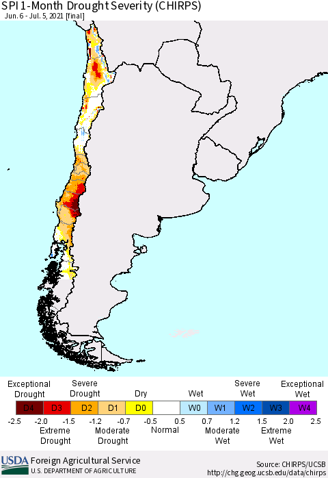Chile SPI 1-Month Drought Severity (CHIRPS) Thematic Map For 6/6/2021 - 7/5/2021