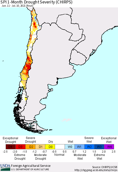 Chile SPI 1-Month Drought Severity (CHIRPS) Thematic Map For 6/11/2021 - 7/10/2021