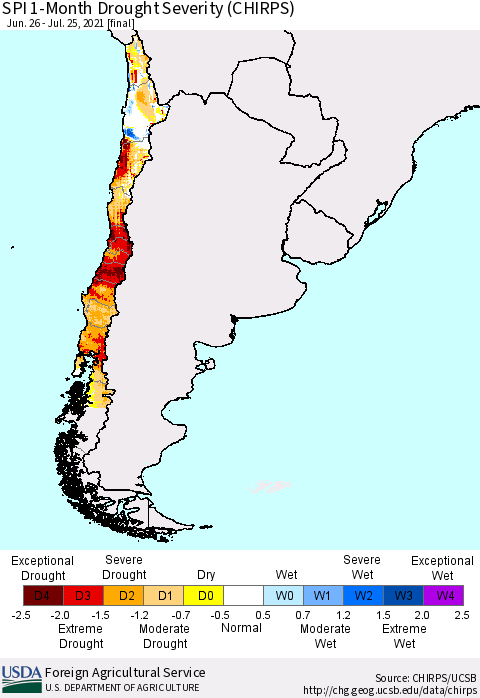 Chile SPI 1-Month Drought Severity (CHIRPS) Thematic Map For 6/26/2021 - 7/25/2021