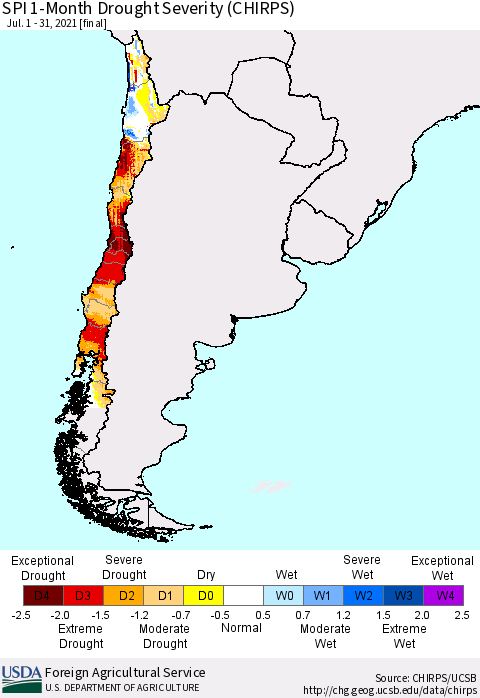 Chile SPI 1-Month Drought Severity (CHIRPS) Thematic Map For 7/1/2021 - 7/31/2021
