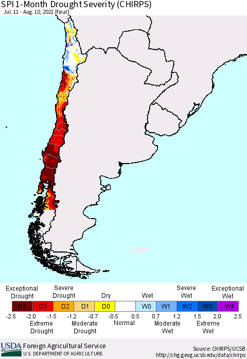 Chile SPI 1-Month Drought Severity (CHIRPS) Thematic Map For 7/11/2021 - 8/10/2021