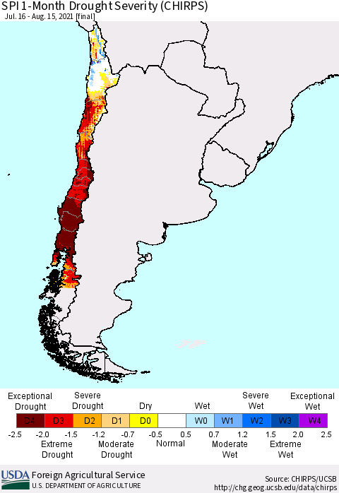 Chile SPI 1-Month Drought Severity (CHIRPS) Thematic Map For 7/16/2021 - 8/15/2021