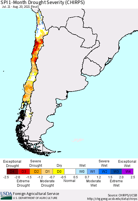Chile SPI 1-Month Drought Severity (CHIRPS) Thematic Map For 7/21/2021 - 8/20/2021
