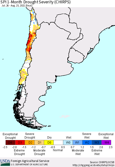 Chile SPI 1-Month Drought Severity (CHIRPS) Thematic Map For 7/26/2021 - 8/25/2021