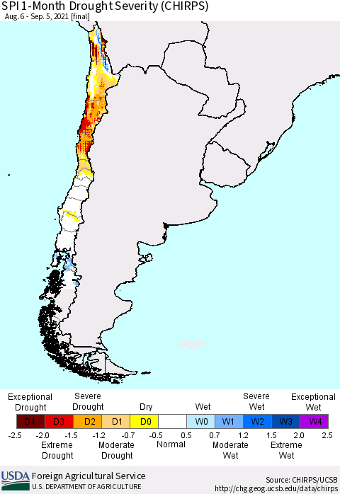 Chile SPI 1-Month Drought Severity (CHIRPS) Thematic Map For 8/6/2021 - 9/5/2021