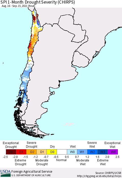 Chile SPI 1-Month Drought Severity (CHIRPS) Thematic Map For 8/16/2021 - 9/15/2021