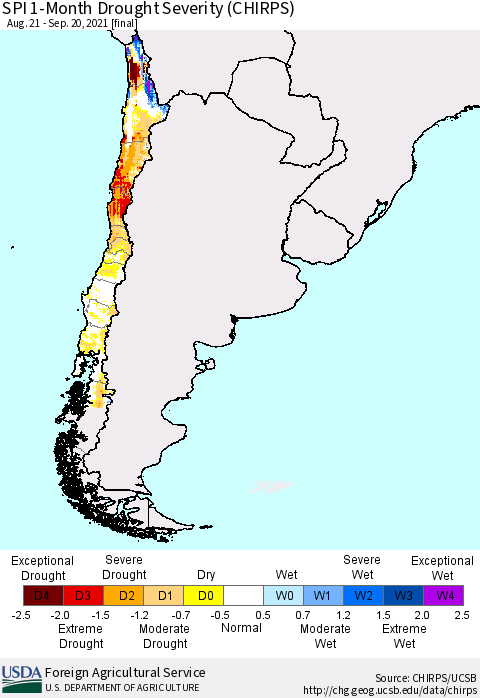 Chile SPI 1-Month Drought Severity (CHIRPS) Thematic Map For 8/21/2021 - 9/20/2021
