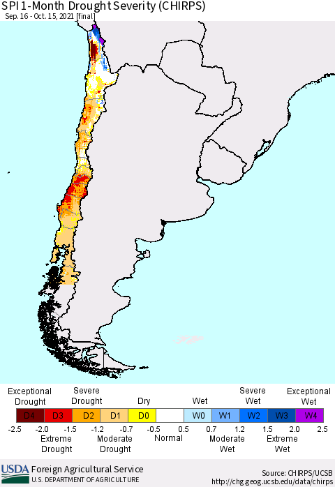 Chile SPI 1-Month Drought Severity (CHIRPS) Thematic Map For 9/16/2021 - 10/15/2021