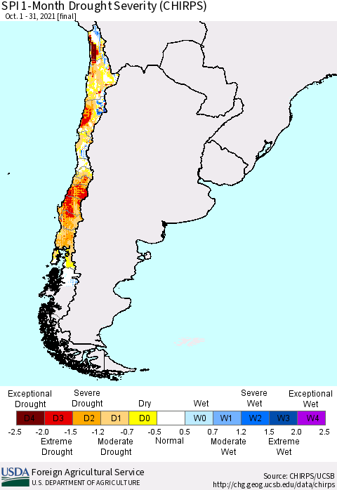 Chile SPI 1-Month Drought Severity (CHIRPS) Thematic Map For 10/1/2021 - 10/31/2021