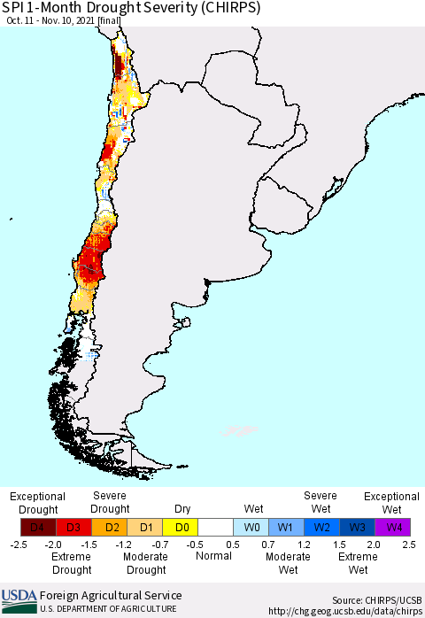 Chile SPI 1-Month Drought Severity (CHIRPS) Thematic Map For 10/11/2021 - 11/10/2021
