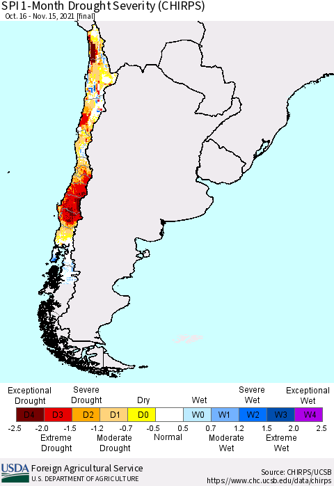 Chile SPI 1-Month Drought Severity (CHIRPS) Thematic Map For 10/16/2021 - 11/15/2021