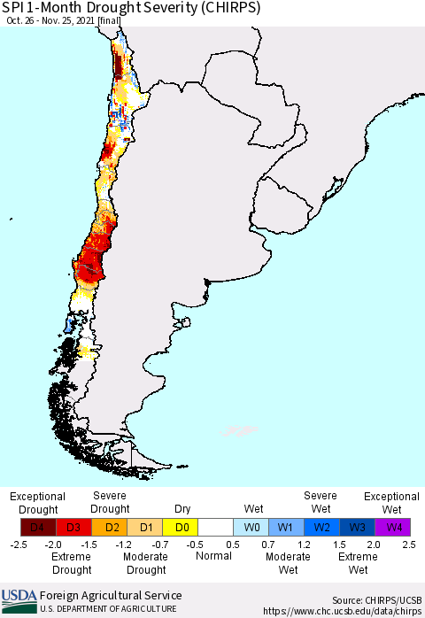 Chile SPI 1-Month Drought Severity (CHIRPS) Thematic Map For 10/26/2021 - 11/25/2021