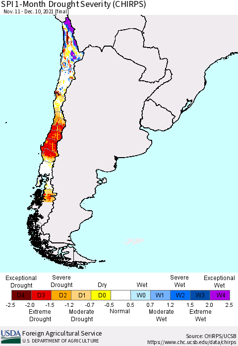 Chile SPI 1-Month Drought Severity (CHIRPS) Thematic Map For 11/11/2021 - 12/10/2021