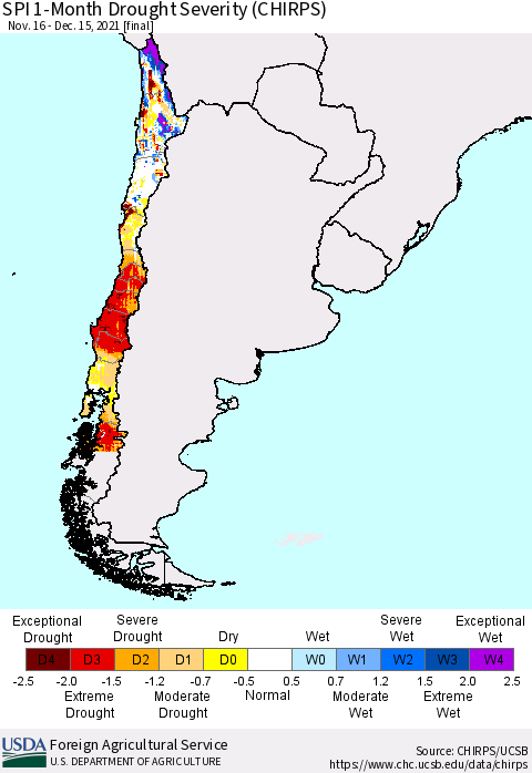Chile SPI 1-Month Drought Severity (CHIRPS) Thematic Map For 11/16/2021 - 12/15/2021