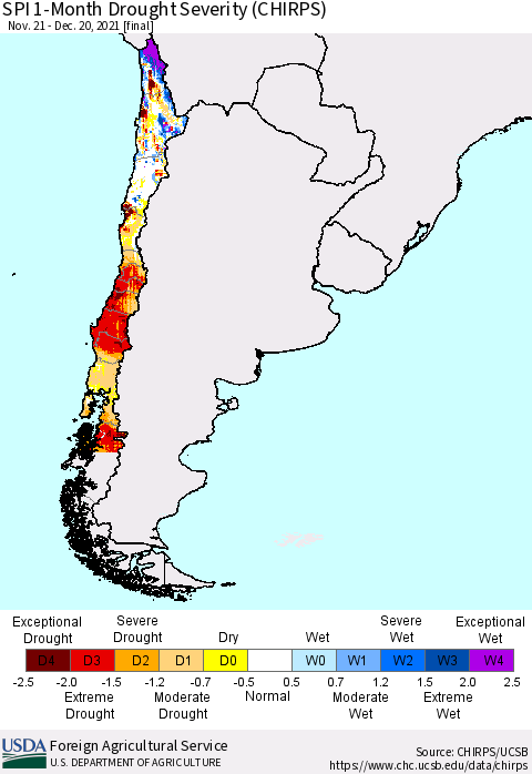 Chile SPI 1-Month Drought Severity (CHIRPS) Thematic Map For 11/21/2021 - 12/20/2021