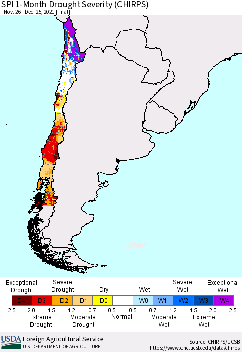 Chile SPI 1-Month Drought Severity (CHIRPS) Thematic Map For 11/26/2021 - 12/25/2021