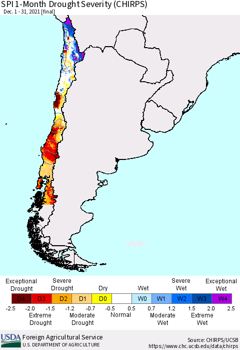 Chile SPI 1-Month Drought Severity (CHIRPS) Thematic Map For 12/1/2021 - 12/31/2021