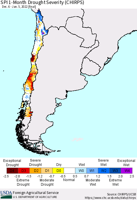 Chile SPI 1-Month Drought Severity (CHIRPS) Thematic Map For 12/6/2021 - 1/5/2022