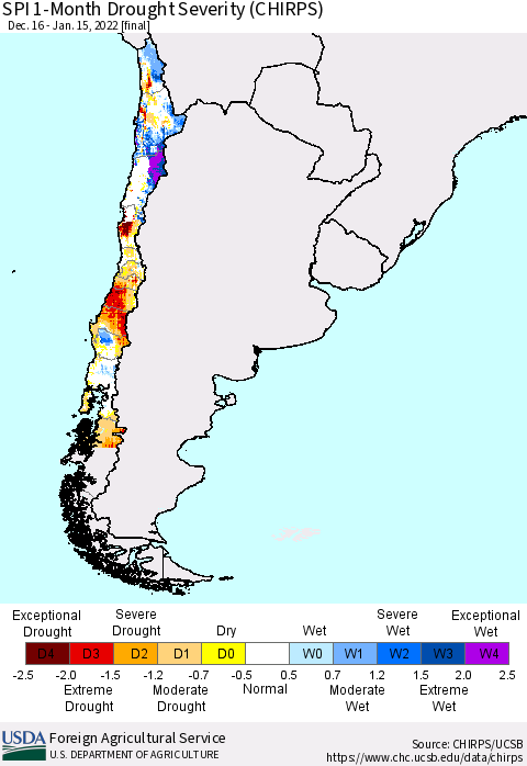 Chile SPI 1-Month Drought Severity (CHIRPS) Thematic Map For 12/16/2021 - 1/15/2022
