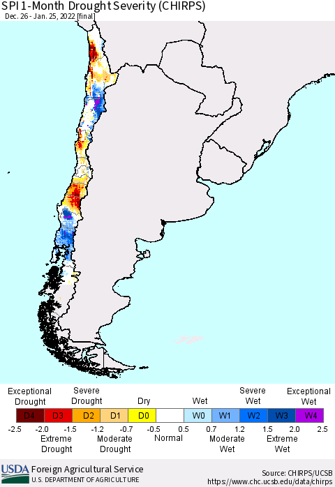 Chile SPI 1-Month Drought Severity (CHIRPS) Thematic Map For 12/26/2021 - 1/25/2022