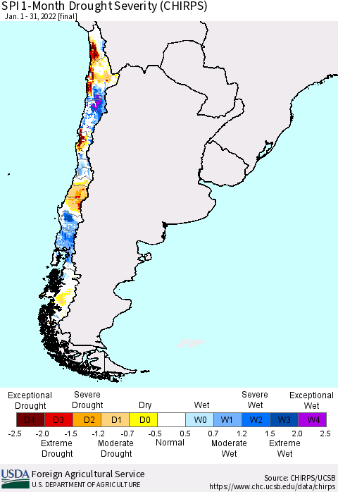 Chile SPI 1-Month Drought Severity (CHIRPS) Thematic Map For 1/1/2022 - 1/31/2022