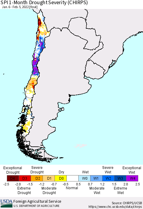 Chile SPI 1-Month Drought Severity (CHIRPS) Thematic Map For 1/6/2022 - 2/5/2022