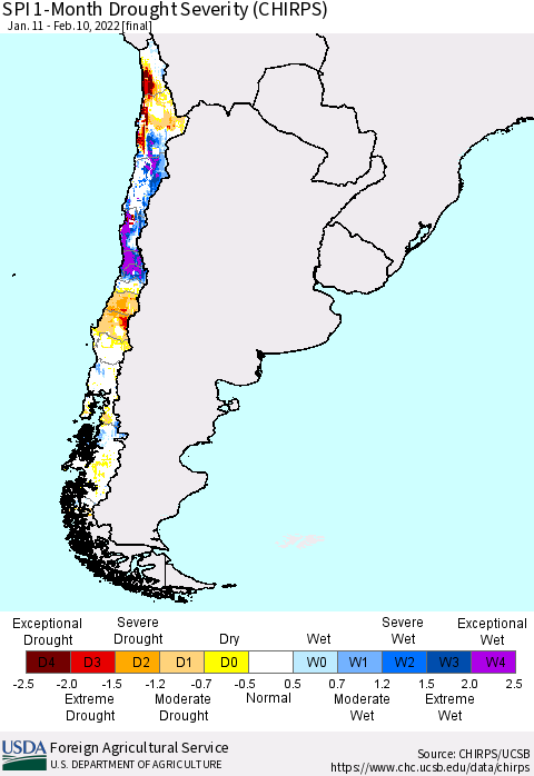 Chile SPI 1-Month Drought Severity (CHIRPS) Thematic Map For 1/11/2022 - 2/10/2022