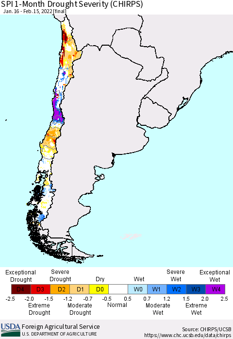 Chile SPI 1-Month Drought Severity (CHIRPS) Thematic Map For 1/16/2022 - 2/15/2022