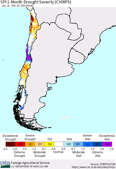 Chile SPI 1-Month Drought Severity (CHIRPS) Thematic Map For 1/21/2022 - 2/20/2022