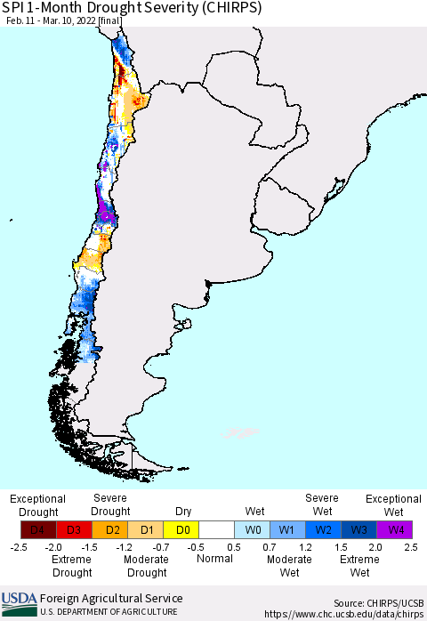 Chile SPI 1-Month Drought Severity (CHIRPS) Thematic Map For 2/11/2022 - 3/10/2022